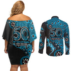 Cronulla-Sutherland Sharks NAIDOC Week 2026 Couples Matching Off Shoulder Short Dress and Long Sleeve Button Shirt Aboriginal Lizard Dot Painting - 50 Years of Deadly