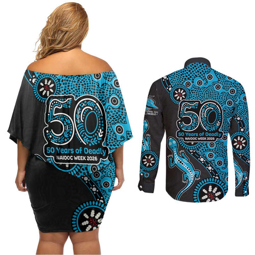 Cronulla-Sutherland Sharks NAIDOC Week 2026 Couples Matching Off Shoulder Short Dress and Long Sleeve Button Shirt Aboriginal Lizard Dot Painting - 50 Years of Deadly