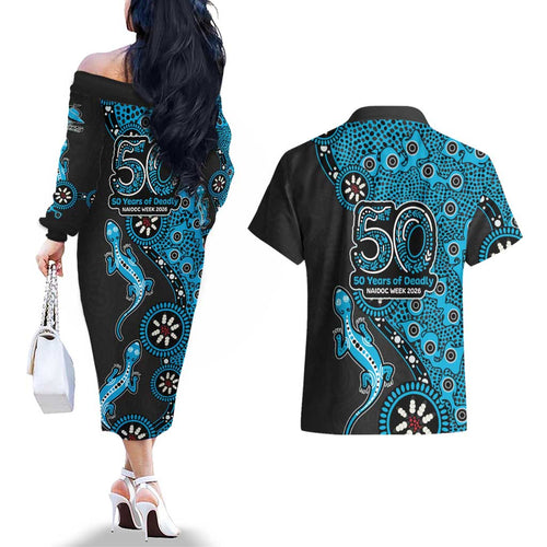 Cronulla-Sutherland Sharks NAIDOC Week 2026 Couples Matching Off The Shoulder Long Sleeve Dress and Hawaiian Shirt Aboriginal Lizard Dot Painting - 50 Years of Deadly
