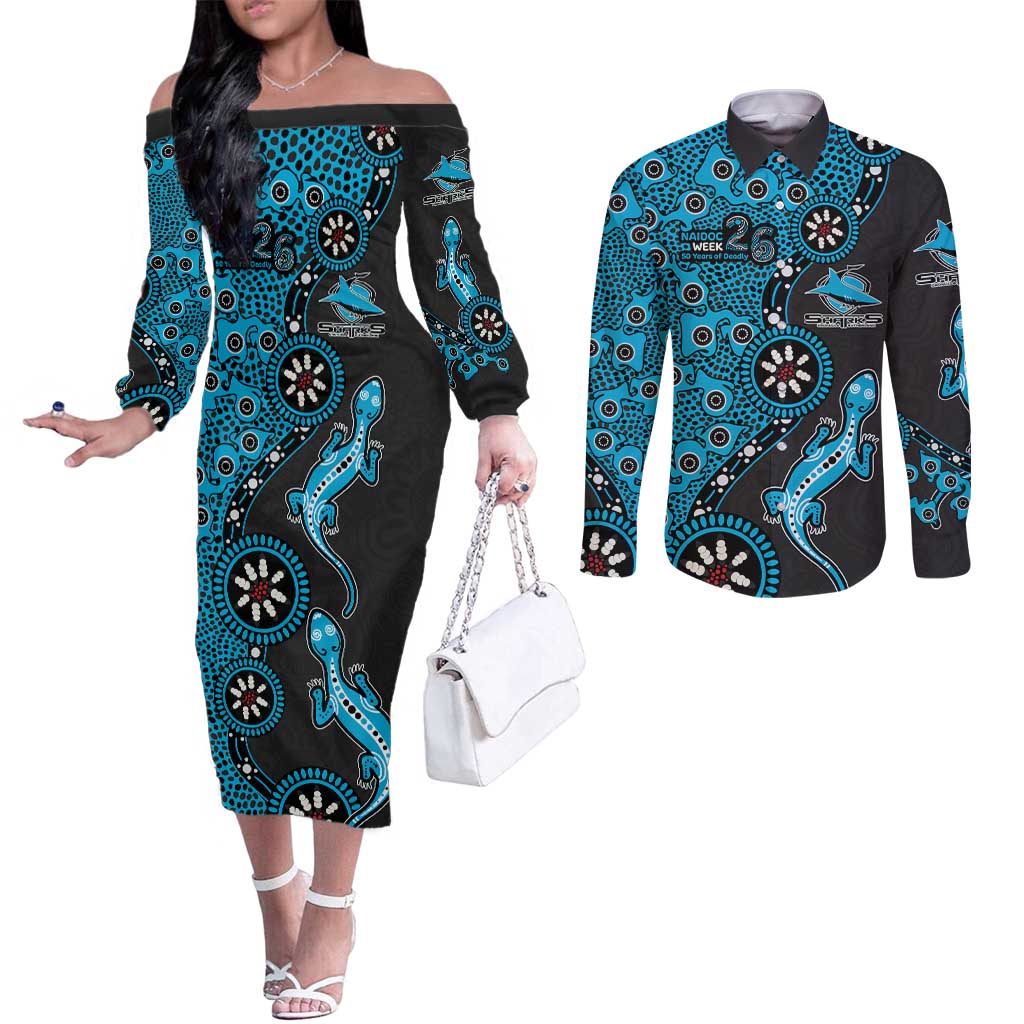 Cronulla-Sutherland Sharks NAIDOC Week 2026 Couples Matching Off The Shoulder Long Sleeve Dress and Long Sleeve Button Shirt Aboriginal Lizard Dot Painting - 50 Years of Deadly