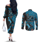 Cronulla-Sutherland Sharks NAIDOC Week 2026 Couples Matching Off The Shoulder Long Sleeve Dress and Long Sleeve Button Shirt Aboriginal Lizard Dot Painting - 50 Years of Deadly