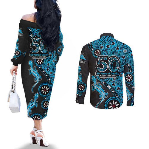 Cronulla-Sutherland Sharks NAIDOC Week 2026 Couples Matching Off The Shoulder Long Sleeve Dress and Long Sleeve Button Shirt Aboriginal Lizard Dot Painting - 50 Years of Deadly