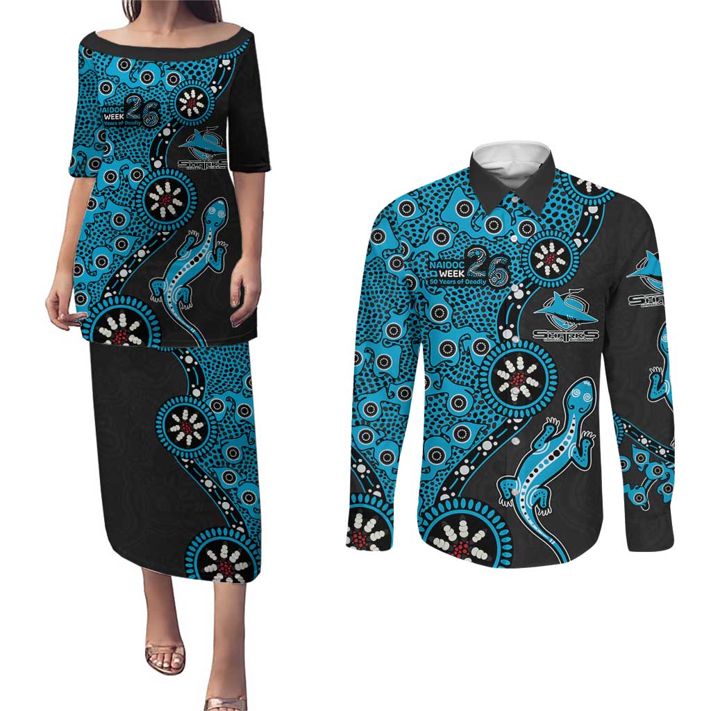 Cronulla-Sutherland Sharks NAIDOC Week 2026 Couples Matching Puletasi and Long Sleeve Button Shirt Aboriginal Lizard Dot Painting - 50 Years of Deadly