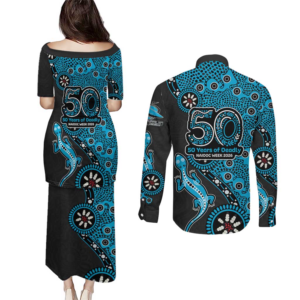 Cronulla-Sutherland Sharks NAIDOC Week 2026 Couples Matching Puletasi and Long Sleeve Button Shirt Aboriginal Lizard Dot Painting - 50 Years of Deadly