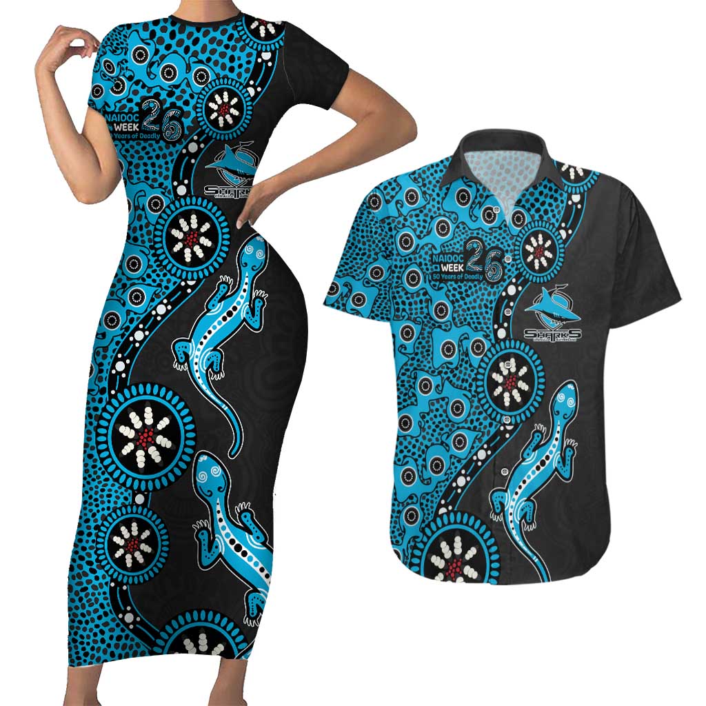 Cronulla-Sutherland Sharks NAIDOC Week 2026 Couples Matching Short Sleeve Bodycon Dress and Hawaiian Shirt Aboriginal Lizard Dot Painting - 50 Years of Deadly