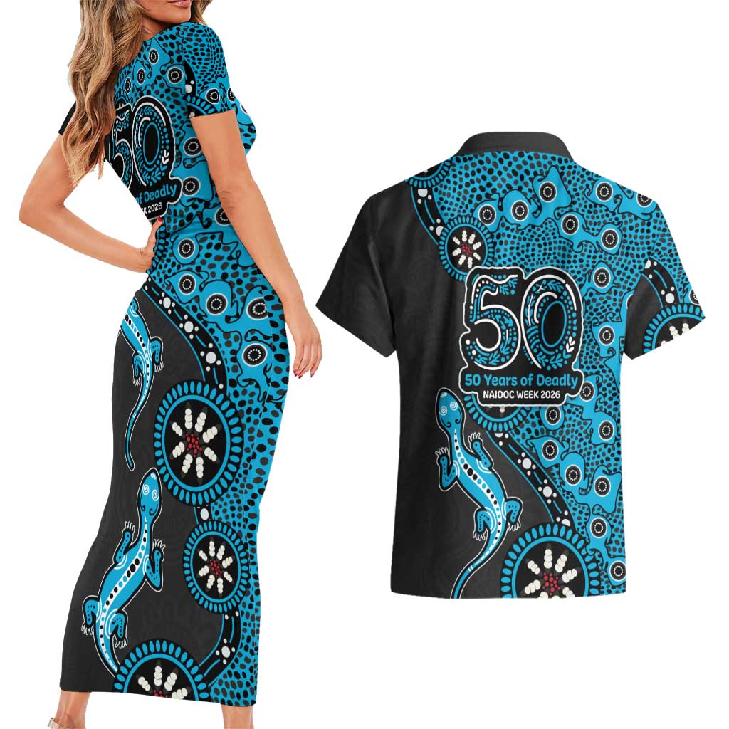 Cronulla-Sutherland Sharks NAIDOC Week 2026 Couples Matching Short Sleeve Bodycon Dress and Hawaiian Shirt Aboriginal Lizard Dot Painting - 50 Years of Deadly
