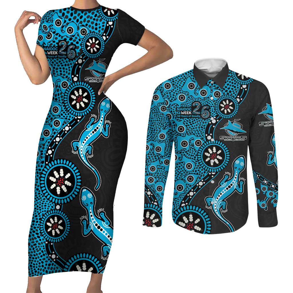 Cronulla-Sutherland Sharks NAIDOC Week 2026 Couples Matching Short Sleeve Bodycon Dress and Long Sleeve Button Shirt Aboriginal Lizard Dot Painting - 50 Years of Deadly