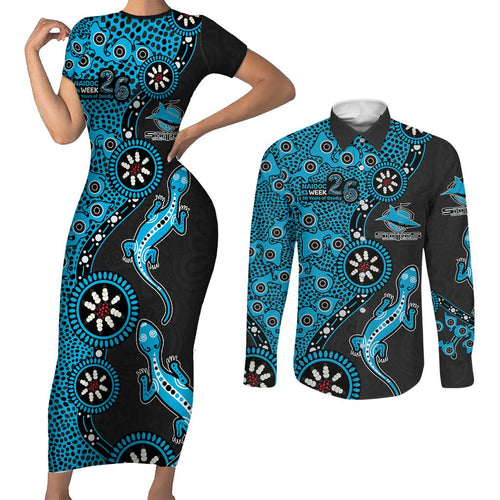 Cronulla-Sutherland Sharks NAIDOC Week 2026 Couples Matching Short Sleeve Bodycon Dress and Long Sleeve Button Shirt Aboriginal Lizard Dot Painting - 50 Years of Deadly