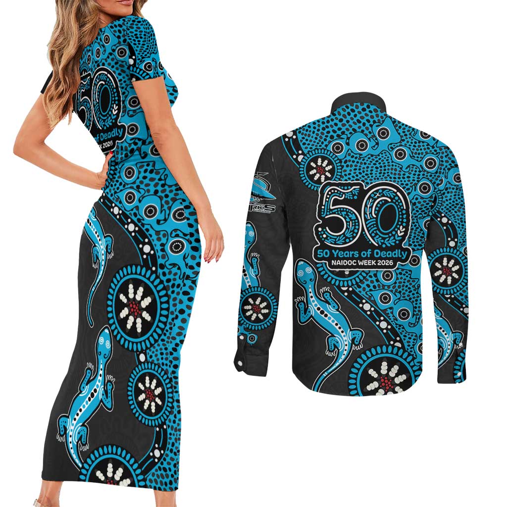 Cronulla-Sutherland Sharks NAIDOC Week 2026 Couples Matching Short Sleeve Bodycon Dress and Long Sleeve Button Shirt Aboriginal Lizard Dot Painting - 50 Years of Deadly