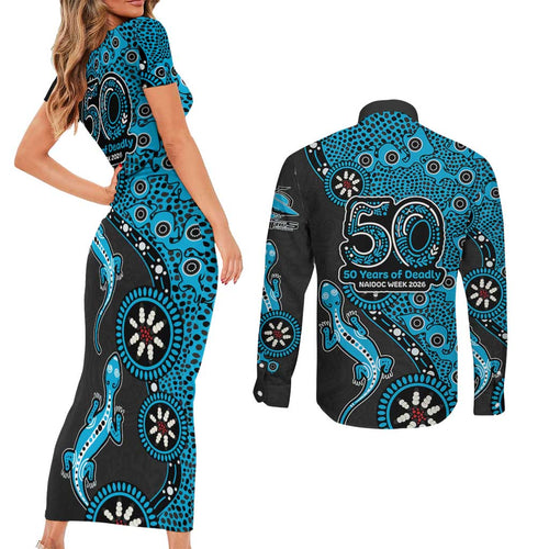 Cronulla-Sutherland Sharks NAIDOC Week 2026 Couples Matching Short Sleeve Bodycon Dress and Long Sleeve Button Shirt Aboriginal Lizard Dot Painting - 50 Years of Deadly