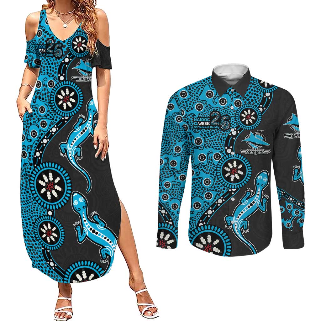 Cronulla-Sutherland Sharks NAIDOC Week 2026 Couples Matching Summer Maxi Dress and Long Sleeve Button Shirt Aboriginal Lizard Dot Painting - 50 Years of Deadly