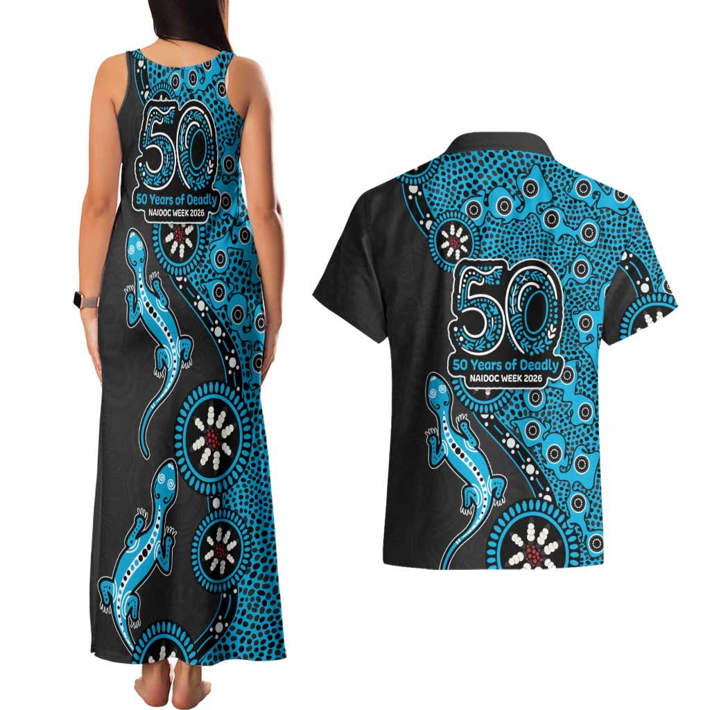 Cronulla-Sutherland Sharks NAIDOC Week 2026 Couples Matching Tank Maxi Dress and Hawaiian Shirt Aboriginal Lizard Dot Painting - 50 Years of Deadly