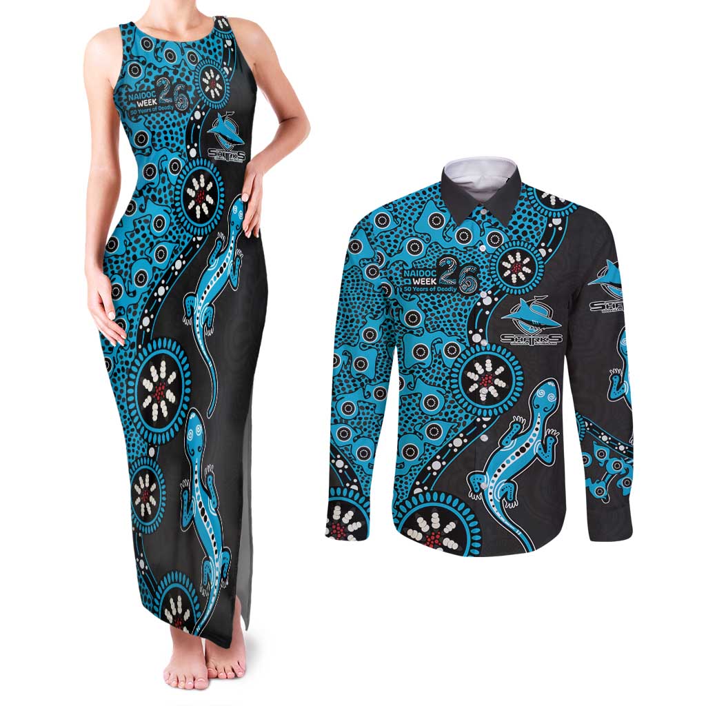 Cronulla-Sutherland Sharks NAIDOC Week 2026 Couples Matching Tank Maxi Dress and Long Sleeve Button Shirt Aboriginal Lizard Dot Painting - 50 Years of Deadly