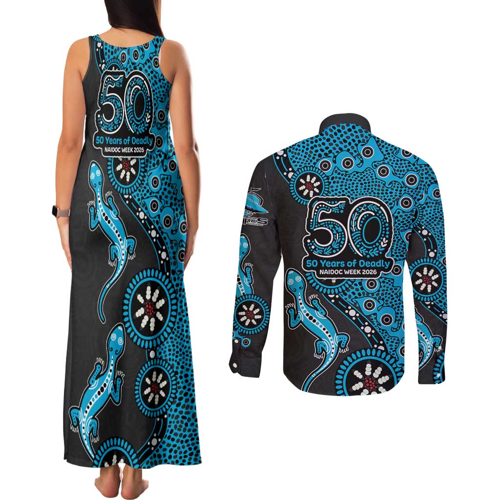 Cronulla-Sutherland Sharks NAIDOC Week 2026 Couples Matching Tank Maxi Dress and Long Sleeve Button Shirt Aboriginal Lizard Dot Painting - 50 Years of Deadly