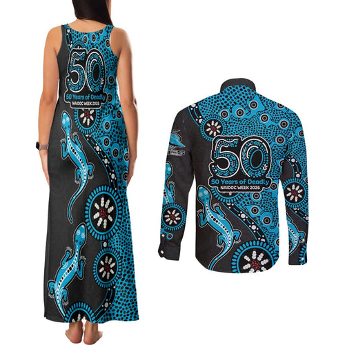 Cronulla-Sutherland Sharks NAIDOC Week 2026 Couples Matching Tank Maxi Dress and Long Sleeve Button Shirt Aboriginal Lizard Dot Painting - 50 Years of Deadly