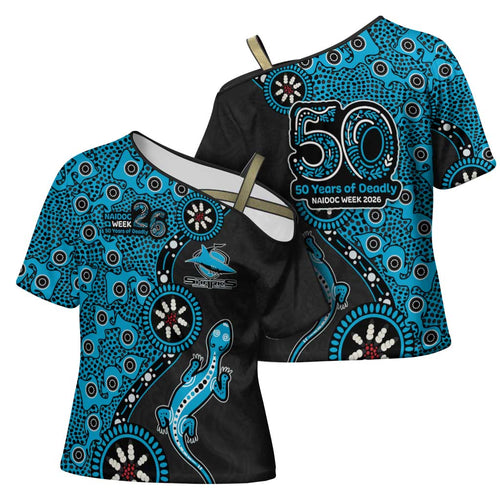 Cronulla-Sutherland Sharks NAIDOC Week 2026 Cross Shoulder Shirt Aboriginal Lizard Dot Painting - 50 Years of Deadly