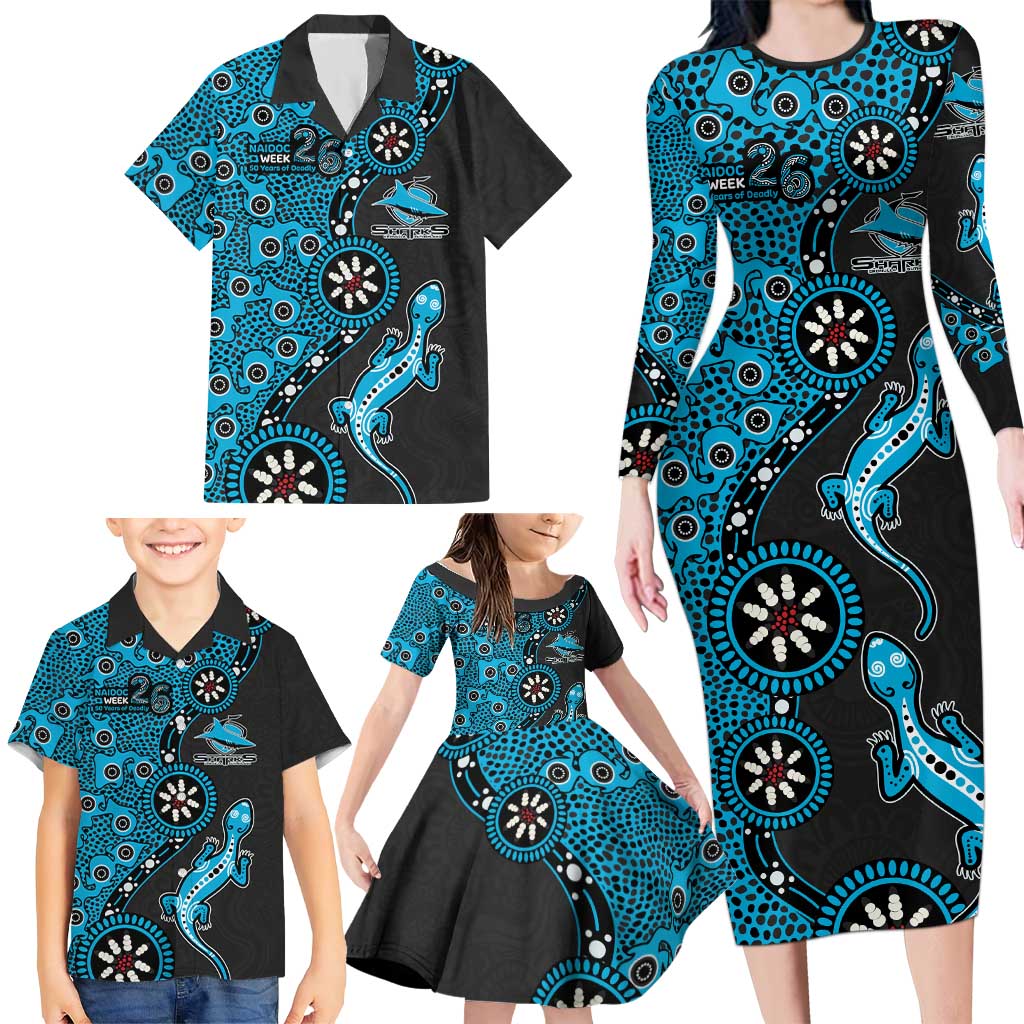 Cronulla-Sutherland Sharks NAIDOC Week 2026 Family Matching Long Sleeve Bodycon Dress and Hawaiian Shirt Aboriginal Lizard Dot Painting - 50 Years of Deadly