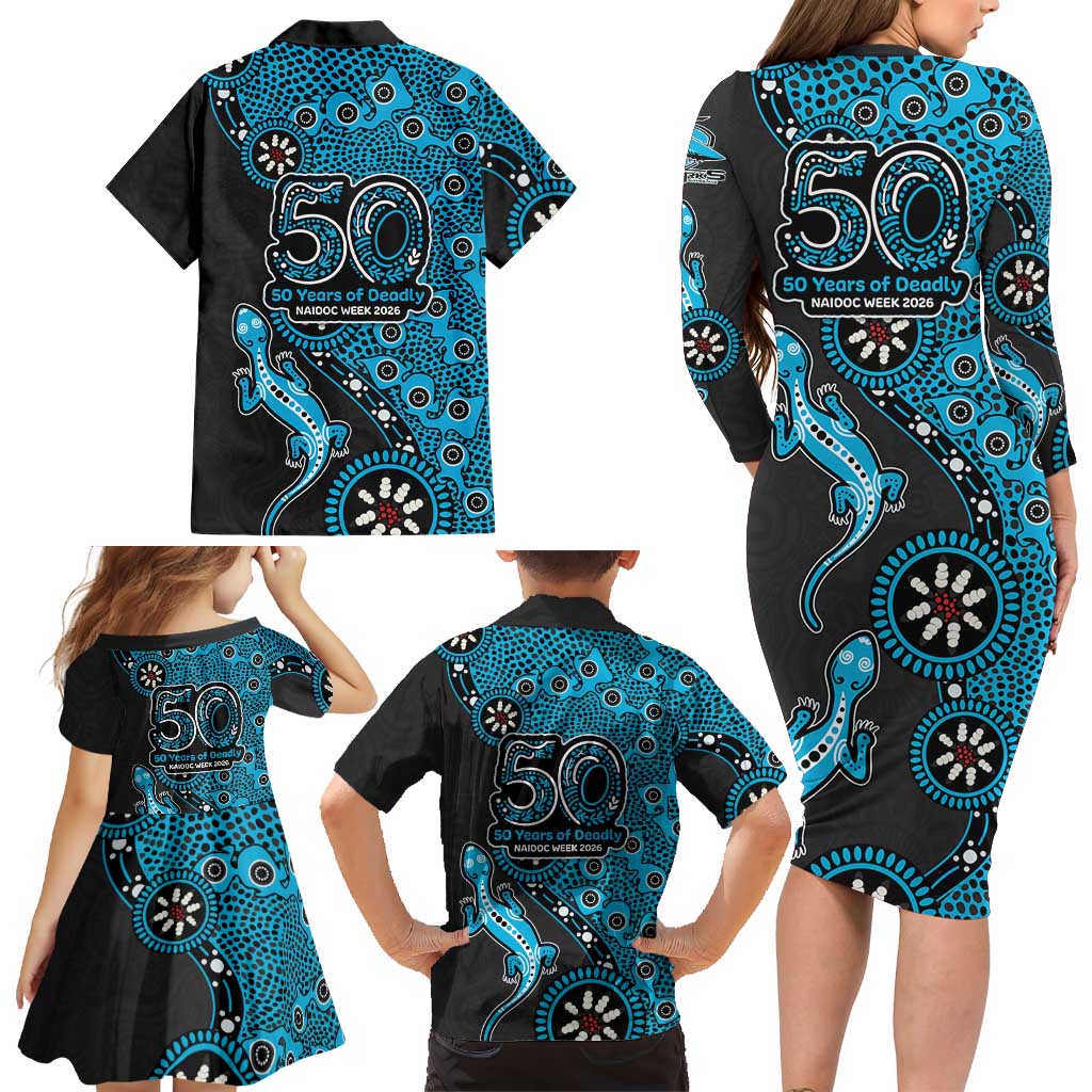 Cronulla-Sutherland Sharks NAIDOC Week 2026 Family Matching Long Sleeve Bodycon Dress and Hawaiian Shirt Aboriginal Lizard Dot Painting - 50 Years of Deadly