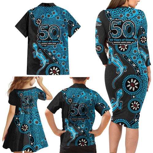 Cronulla-Sutherland Sharks NAIDOC Week 2026 Family Matching Long Sleeve Bodycon Dress and Hawaiian Shirt Aboriginal Lizard Dot Painting - 50 Years of Deadly