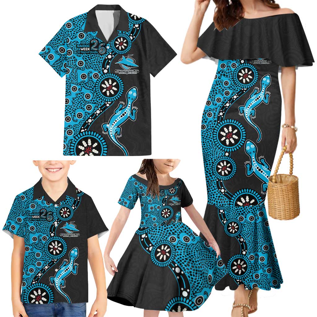 Cronulla-Sutherland Sharks NAIDOC Week 2026 Family Matching Mermaid Dress and Hawaiian Shirt Aboriginal Lizard Dot Painting - 50 Years of Deadly