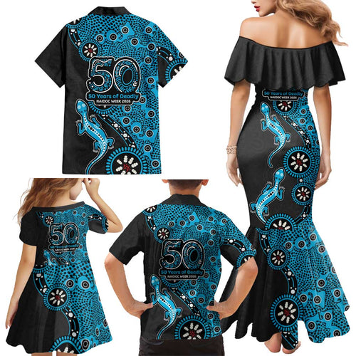 Cronulla-Sutherland Sharks NAIDOC Week 2026 Family Matching Mermaid Dress and Hawaiian Shirt Aboriginal Lizard Dot Painting - 50 Years of Deadly