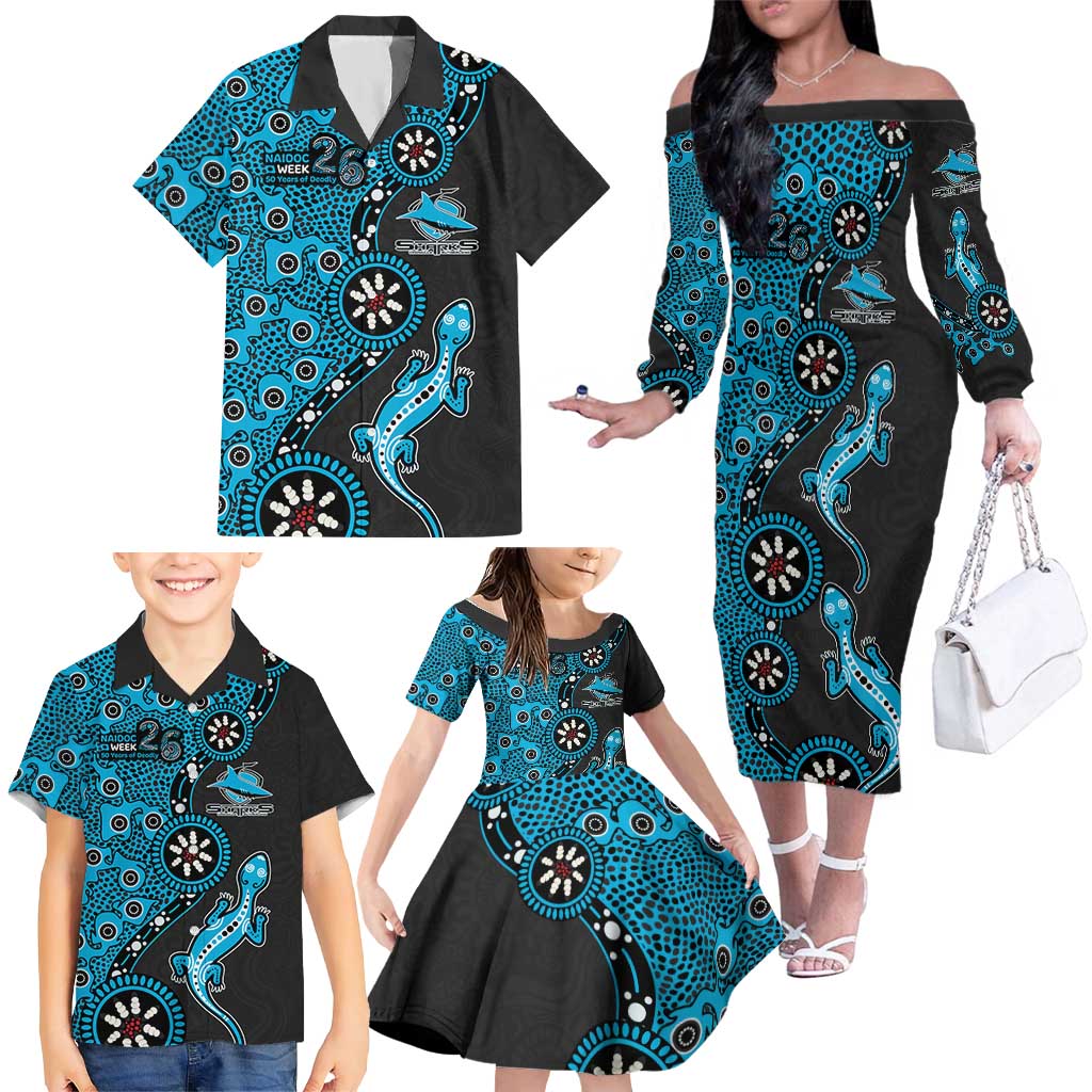 Cronulla-Sutherland Sharks NAIDOC Week 2026 Family Matching Off The Shoulder Long Sleeve Dress and Hawaiian Shirt Aboriginal Lizard Dot Painting - 50 Years of Deadly
