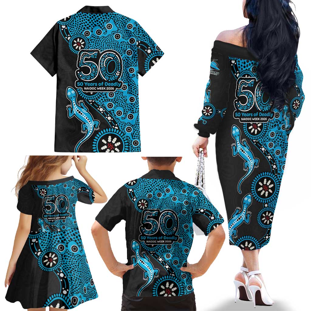Cronulla-Sutherland Sharks NAIDOC Week 2026 Family Matching Off The Shoulder Long Sleeve Dress and Hawaiian Shirt Aboriginal Lizard Dot Painting - 50 Years of Deadly