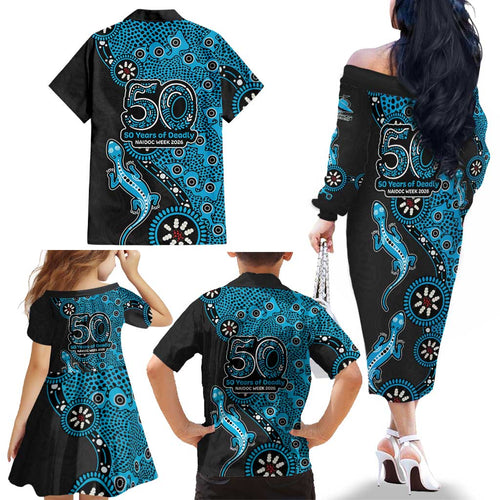 Cronulla-Sutherland Sharks NAIDOC Week 2026 Family Matching Off The Shoulder Long Sleeve Dress and Hawaiian Shirt Aboriginal Lizard Dot Painting - 50 Years of Deadly