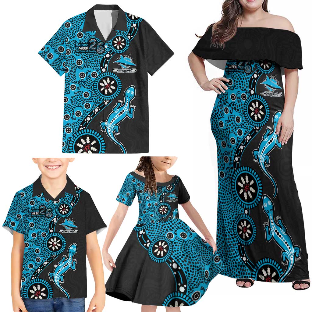 Cronulla-Sutherland Sharks NAIDOC Week 2026 Family Matching Off Shoulder Maxi Dress and Hawaiian Shirt Aboriginal Lizard Dot Painting - 50 Years of Deadly