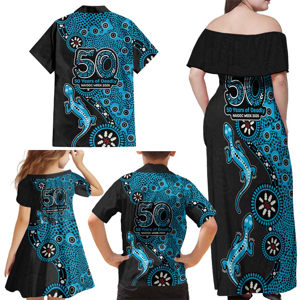 Cronulla-Sutherland Sharks NAIDOC Week 2026 Family Matching Off Shoulder Maxi Dress and Hawaiian Shirt Aboriginal Lizard Dot Painting - 50 Years of Deadly