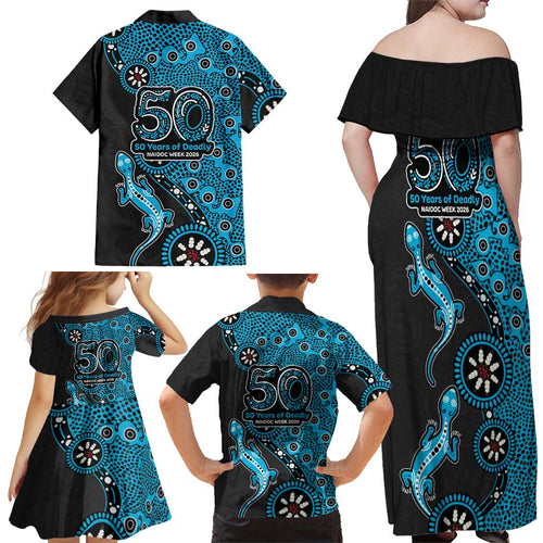Cronulla-Sutherland Sharks NAIDOC Week 2026 Family Matching Off Shoulder Maxi Dress and Hawaiian Shirt Aboriginal Lizard Dot Painting - 50 Years of Deadly