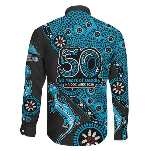 Cronulla-Sutherland Sharks NAIDOC Week 2026 Family Matching Off Shoulder Maxi Dress and Hawaiian Shirt Aboriginal Lizard Dot Painting - 50 Years of Deadly