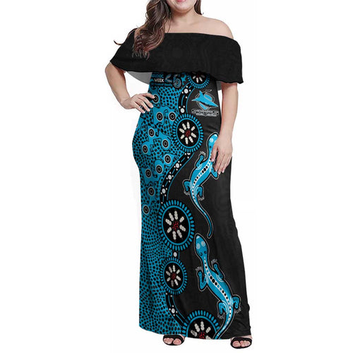 Cronulla-Sutherland Sharks NAIDOC Week 2026 Family Matching Off Shoulder Maxi Dress and Hawaiian Shirt Aboriginal Lizard Dot Painting - 50 Years of Deadly