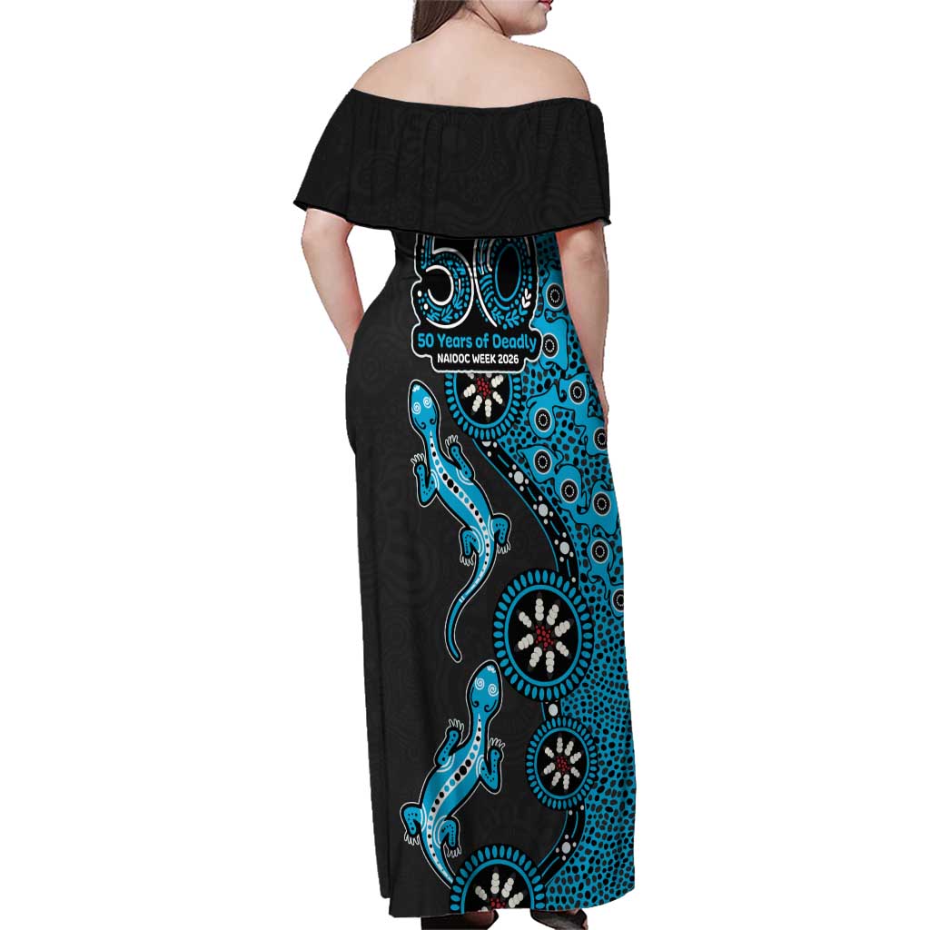 Cronulla-Sutherland Sharks NAIDOC Week 2026 Family Matching Off Shoulder Maxi Dress and Hawaiian Shirt Aboriginal Lizard Dot Painting - 50 Years of Deadly