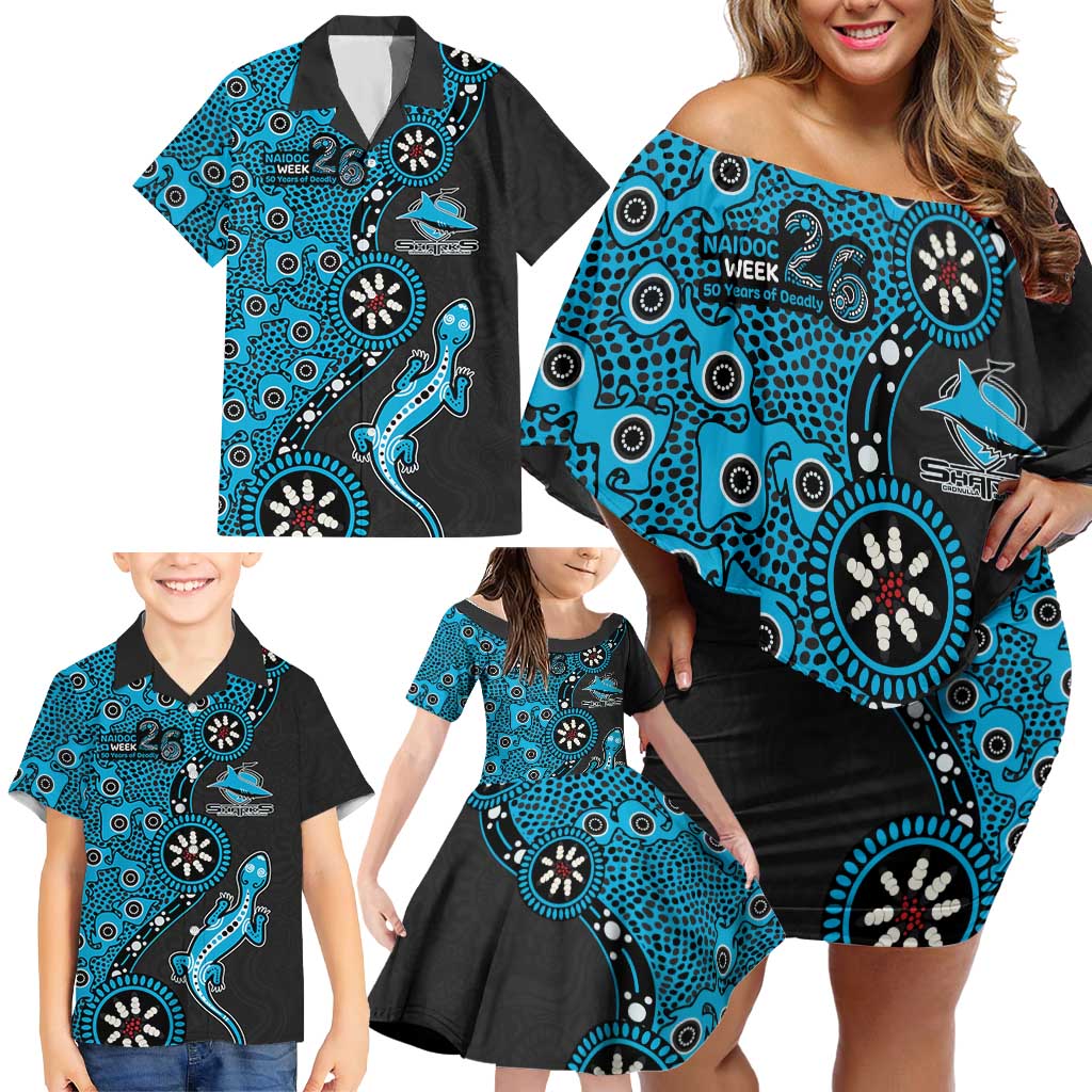 Cronulla-Sutherland Sharks NAIDOC Week 2026 Family Matching Off Shoulder Short Dress and Hawaiian Shirt Aboriginal Lizard Dot Painting - 50 Years of Deadly