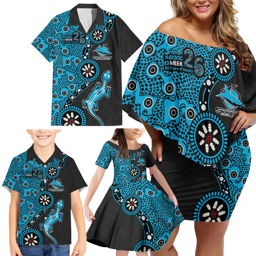 Cronulla-Sutherland Sharks NAIDOC Week 2026 Family Matching Off Shoulder Short Dress and Hawaiian Shirt Aboriginal Lizard Dot Painting - 50 Years of Deadly