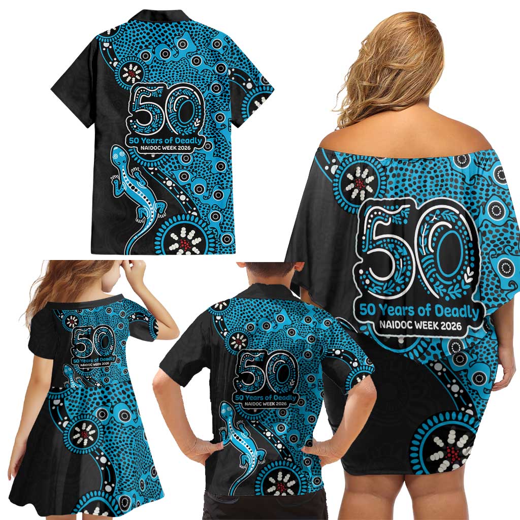 Cronulla-Sutherland Sharks NAIDOC Week 2026 Family Matching Off Shoulder Short Dress and Hawaiian Shirt Aboriginal Lizard Dot Painting - 50 Years of Deadly