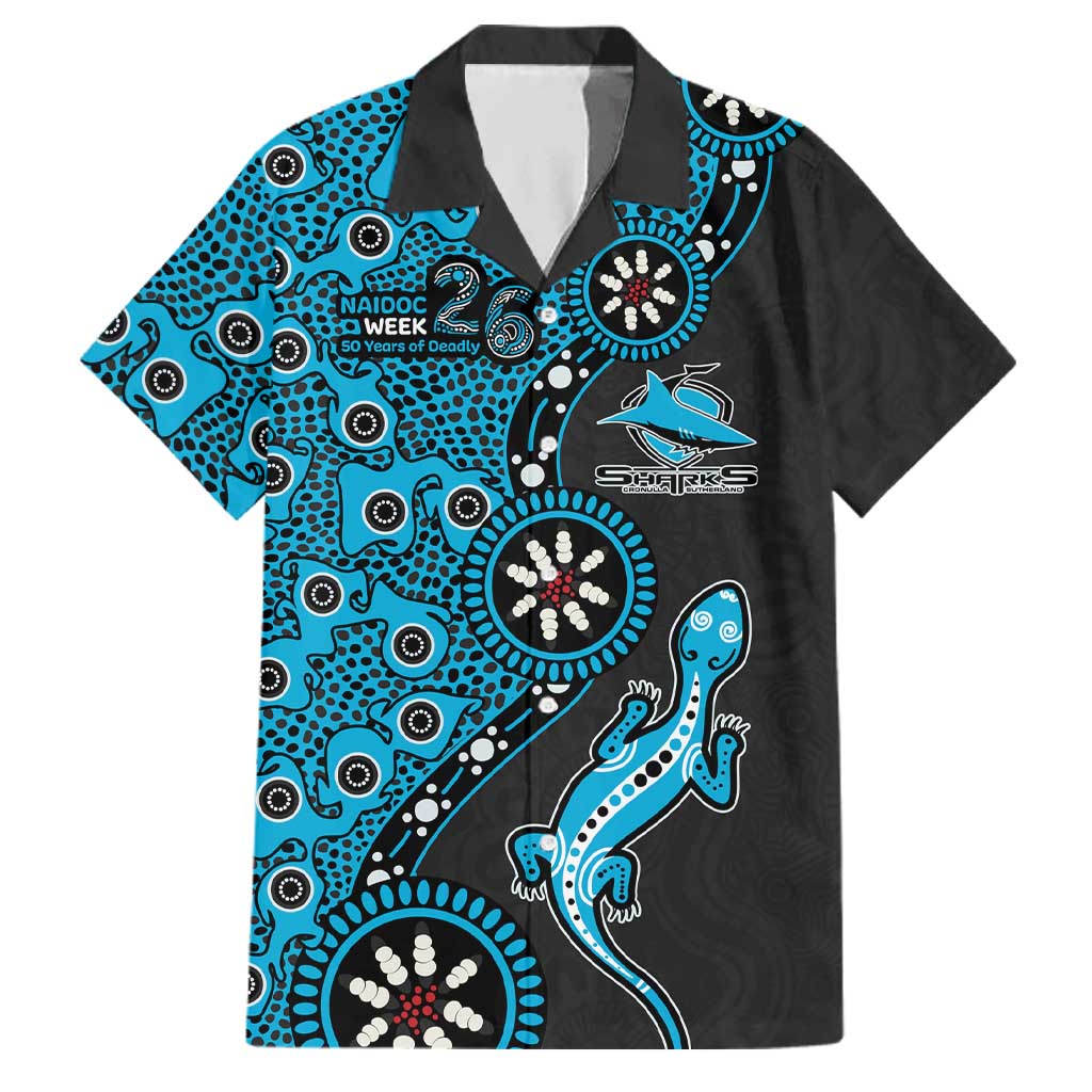 Cronulla-Sutherland Sharks NAIDOC Week 2026 Family Matching Off Shoulder Short Dress and Hawaiian Shirt Aboriginal Lizard Dot Painting - 50 Years of Deadly