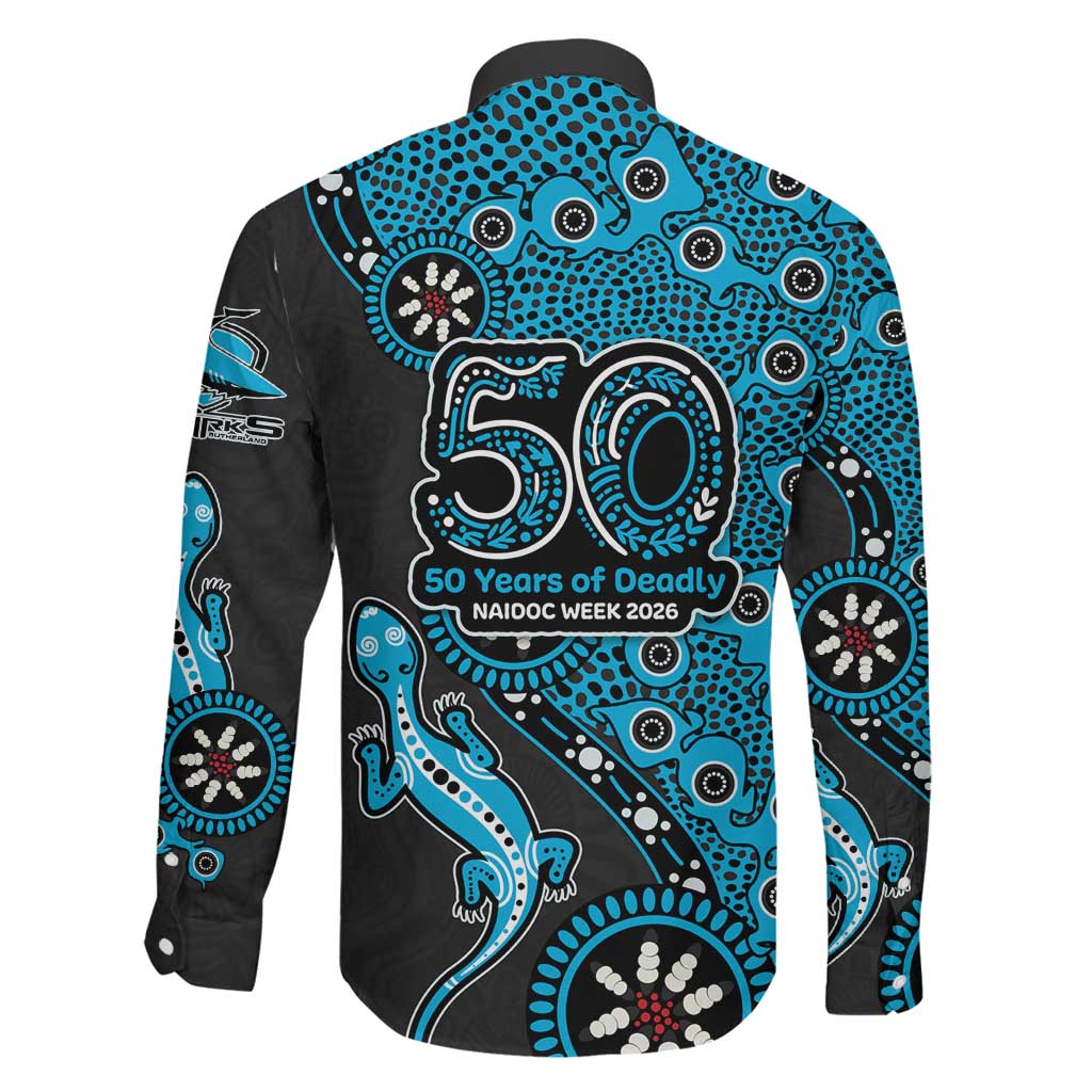 Cronulla-Sutherland Sharks NAIDOC Week 2026 Family Matching Off Shoulder Short Dress and Hawaiian Shirt Aboriginal Lizard Dot Painting - 50 Years of Deadly