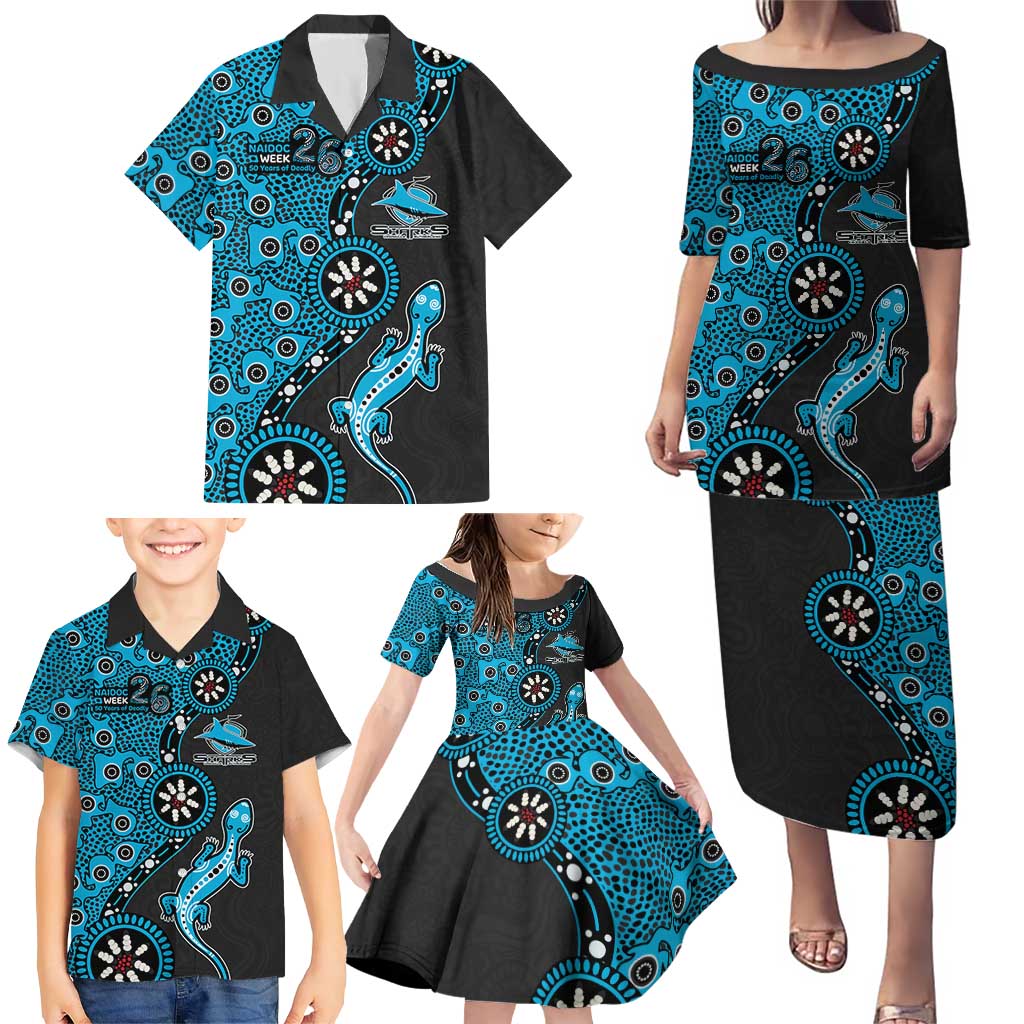Cronulla-Sutherland Sharks NAIDOC Week 2026 Family Matching Puletasi and Hawaiian Shirt Aboriginal Lizard Dot Painting - 50 Years of Deadly