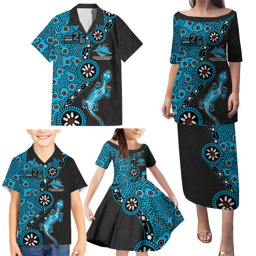 Cronulla-Sutherland Sharks NAIDOC Week 2026 Family Matching Puletasi and Hawaiian Shirt Aboriginal Lizard Dot Painting - 50 Years of Deadly