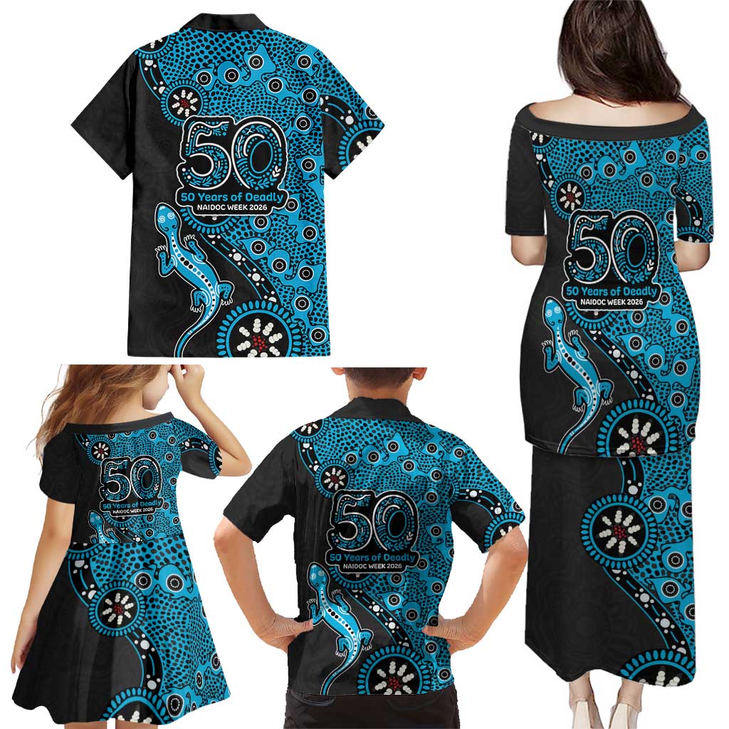 Cronulla-Sutherland Sharks NAIDOC Week 2026 Family Matching Puletasi and Hawaiian Shirt Aboriginal Lizard Dot Painting - 50 Years of Deadly