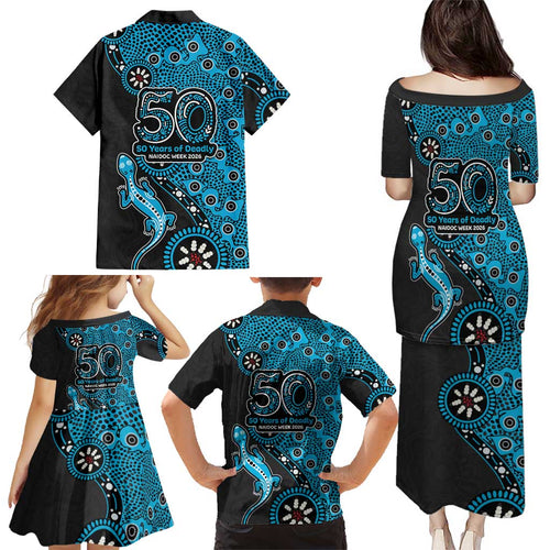 Cronulla-Sutherland Sharks NAIDOC Week 2026 Family Matching Puletasi and Hawaiian Shirt Aboriginal Lizard Dot Painting - 50 Years of Deadly