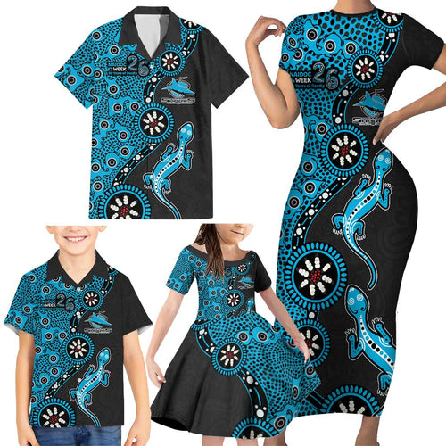 Cronulla-Sutherland Sharks NAIDOC Week 2026 Family Matching Short Sleeve Bodycon Dress and Hawaiian Shirt Aboriginal Lizard Dot Painting - 50 Years of Deadly