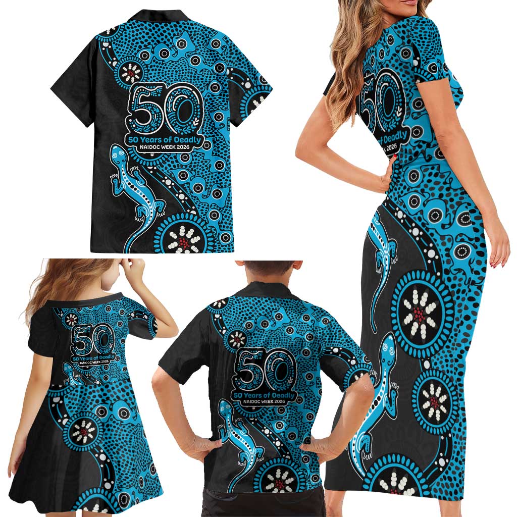 Cronulla-Sutherland Sharks NAIDOC Week 2026 Family Matching Short Sleeve Bodycon Dress and Hawaiian Shirt Aboriginal Lizard Dot Painting - 50 Years of Deadly