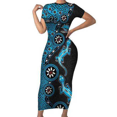 Cronulla-Sutherland Sharks NAIDOC Week 2026 Family Matching Short Sleeve Bodycon Dress and Hawaiian Shirt Aboriginal Lizard Dot Painting - 50 Years of Deadly