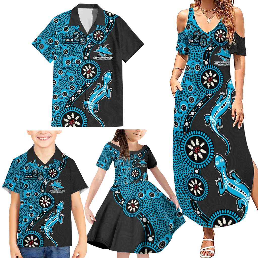 Cronulla-Sutherland Sharks NAIDOC Week 2026 Family Matching Summer Maxi Dress and Hawaiian Shirt Aboriginal Lizard Dot Painting - 50 Years of Deadly