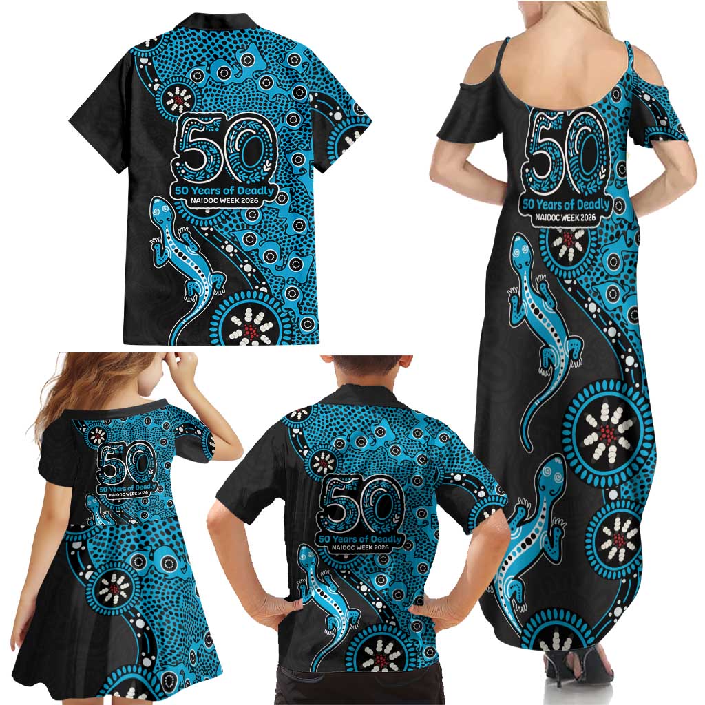 Cronulla-Sutherland Sharks NAIDOC Week 2026 Family Matching Summer Maxi Dress and Hawaiian Shirt Aboriginal Lizard Dot Painting - 50 Years of Deadly