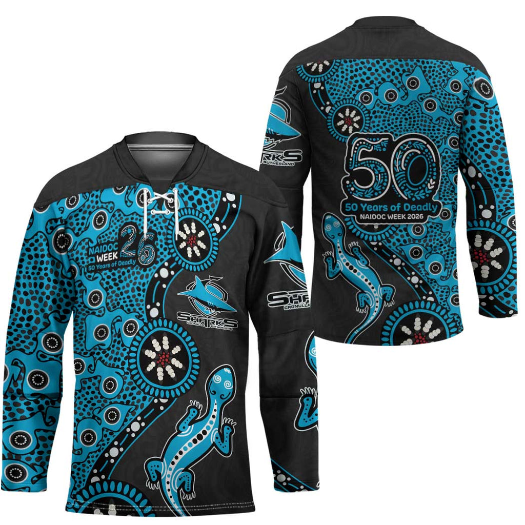 Cronulla-Sutherland Sharks NAIDOC Week 2026 Hockey Jersey Aboriginal Lizard Dot Painting - 50 Years of Deadly