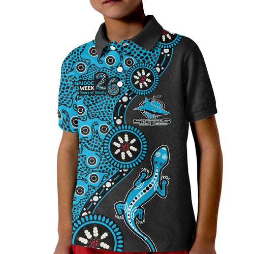 Cronulla-Sutherland Sharks NAIDOC Week 2026 Kid Polo Shirt Aboriginal Lizard Dot Painting - 50 Years of Deadly